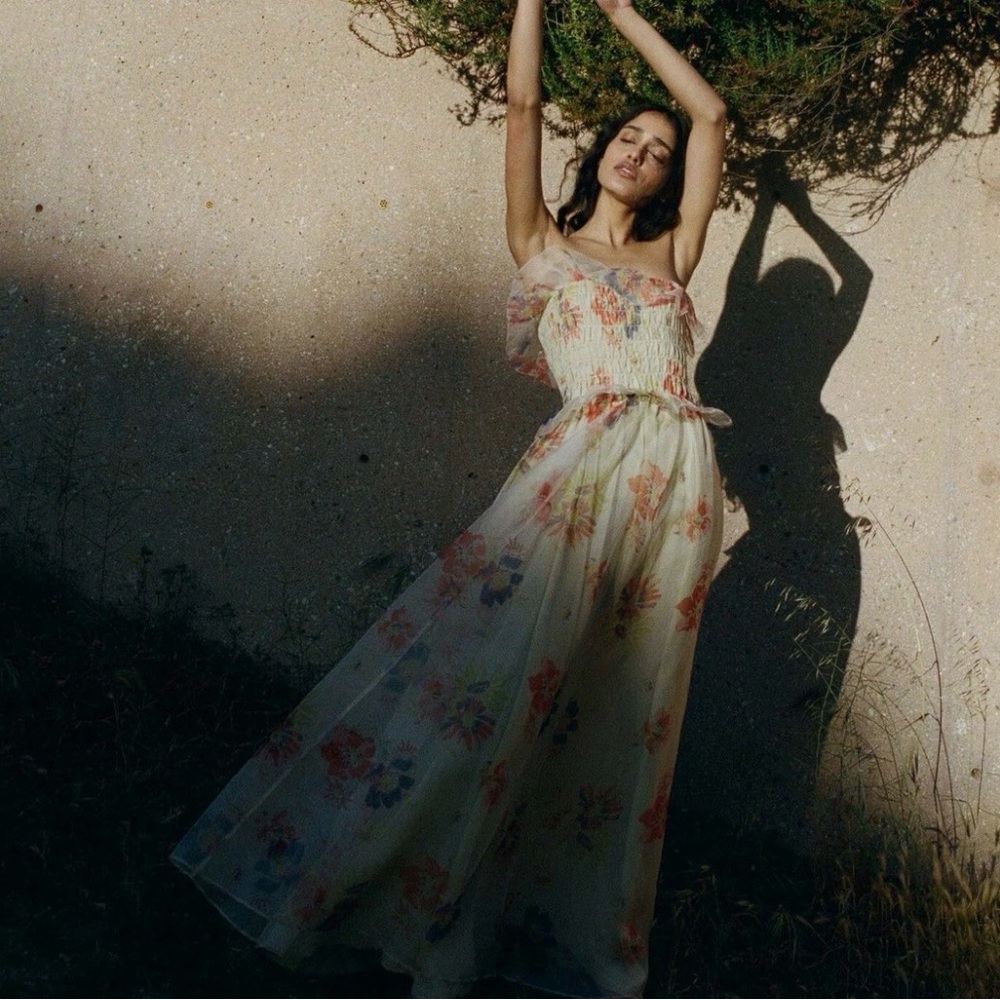 Doen Cream Floral Maxi Dress with Pink & Green Blooms